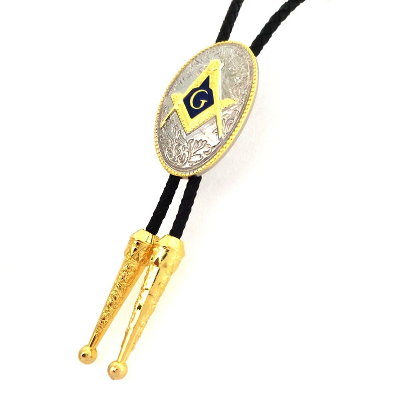 Gold and Silver Masonic Bolo Tie Freemason Square and Compass Western Necklace