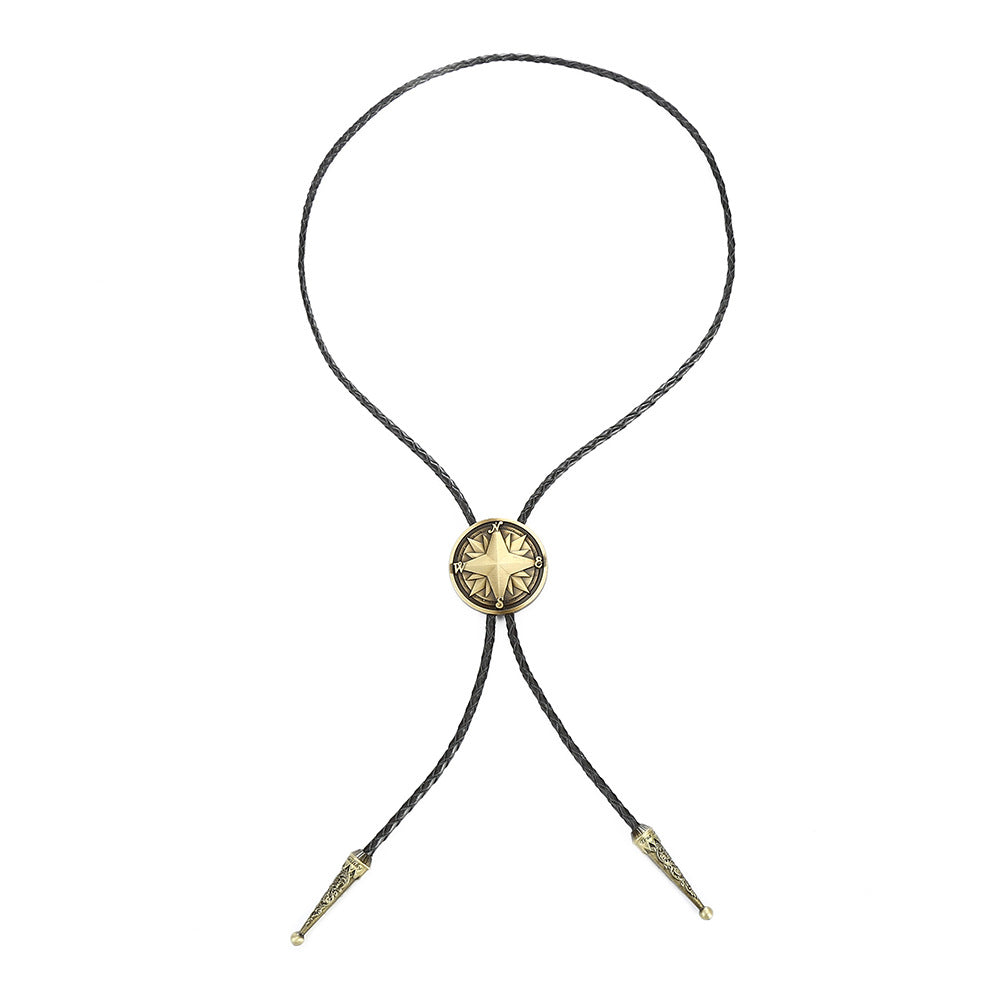 Vintage Brass Compass Star Bolo Tie Western Braided Leather Necklace