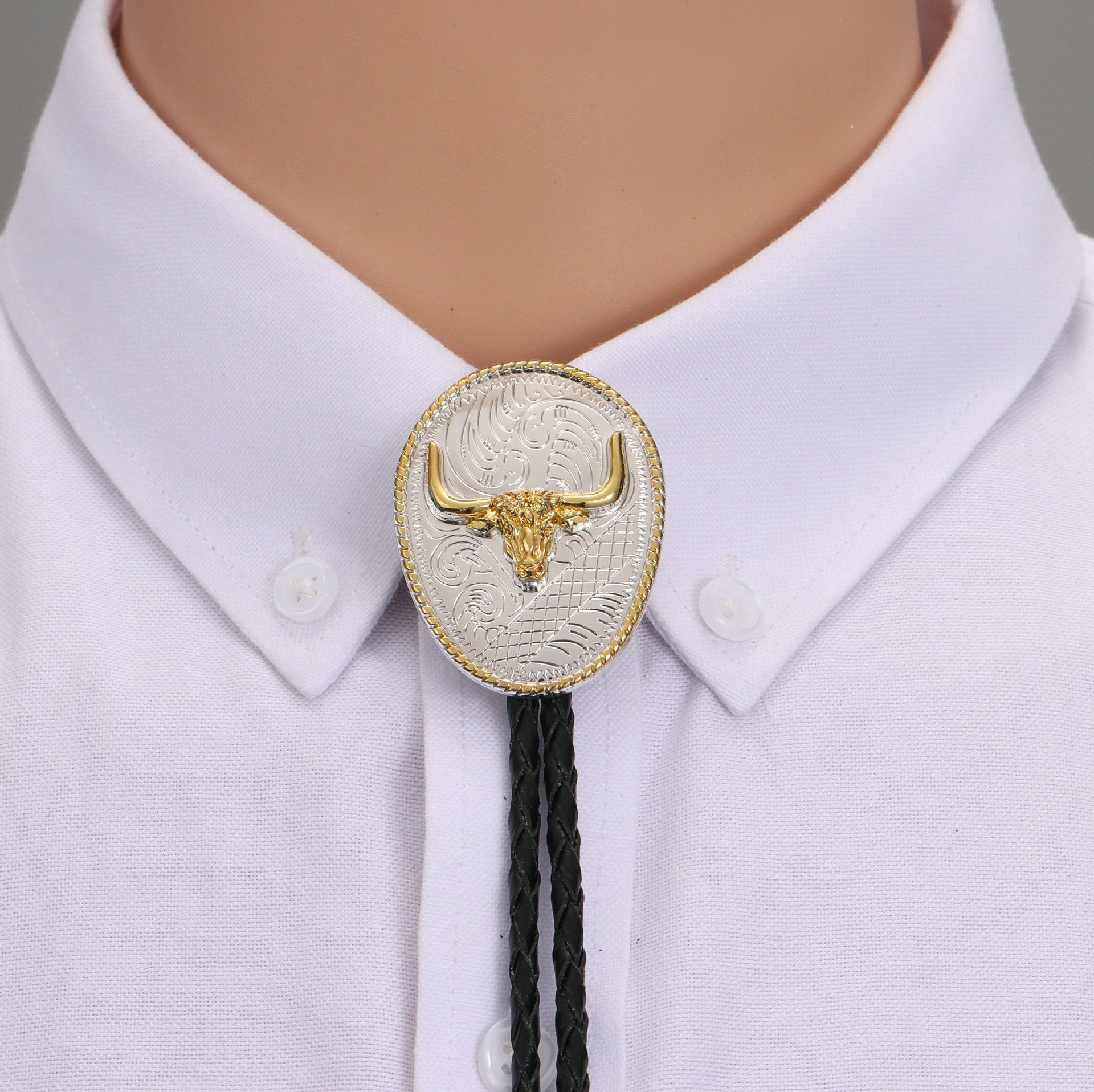 Silver and Gold Longhorn Bull Bolo Tie Western Cowboy Statement Necklace
