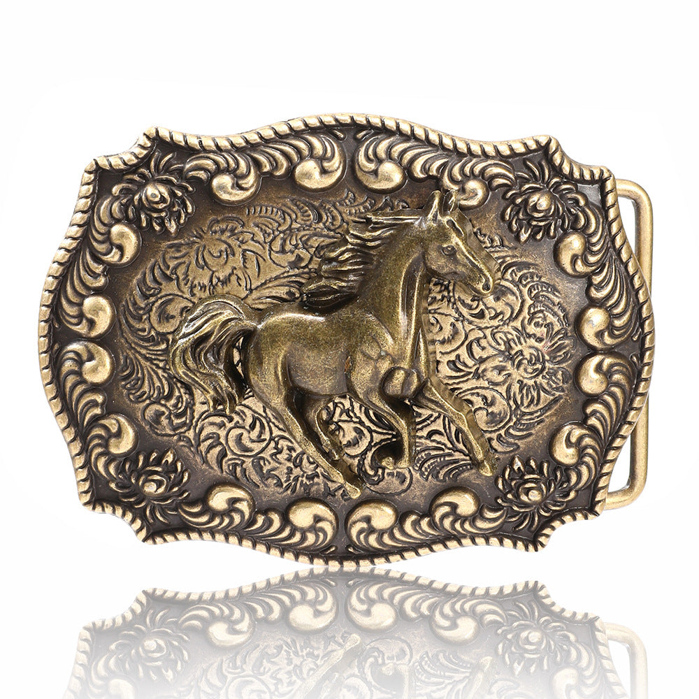 Antique Brass Western Belt Buckle Running Horse and Praying Cowboy Cross