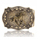 Antique Brass Western Belt Buckle Running Horse and Praying Cowboy Cross