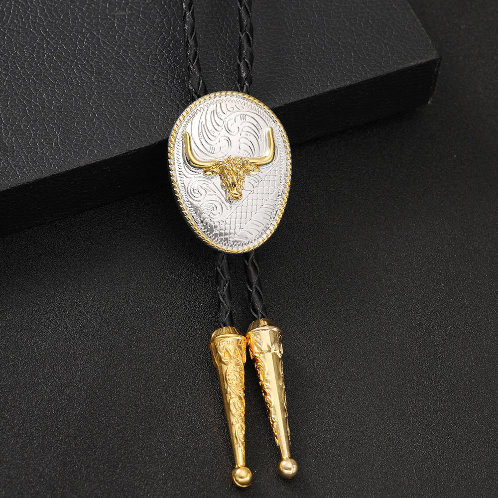 Silver and Gold Longhorn Bull Bolo Tie Western Cowboy Statement Necklace