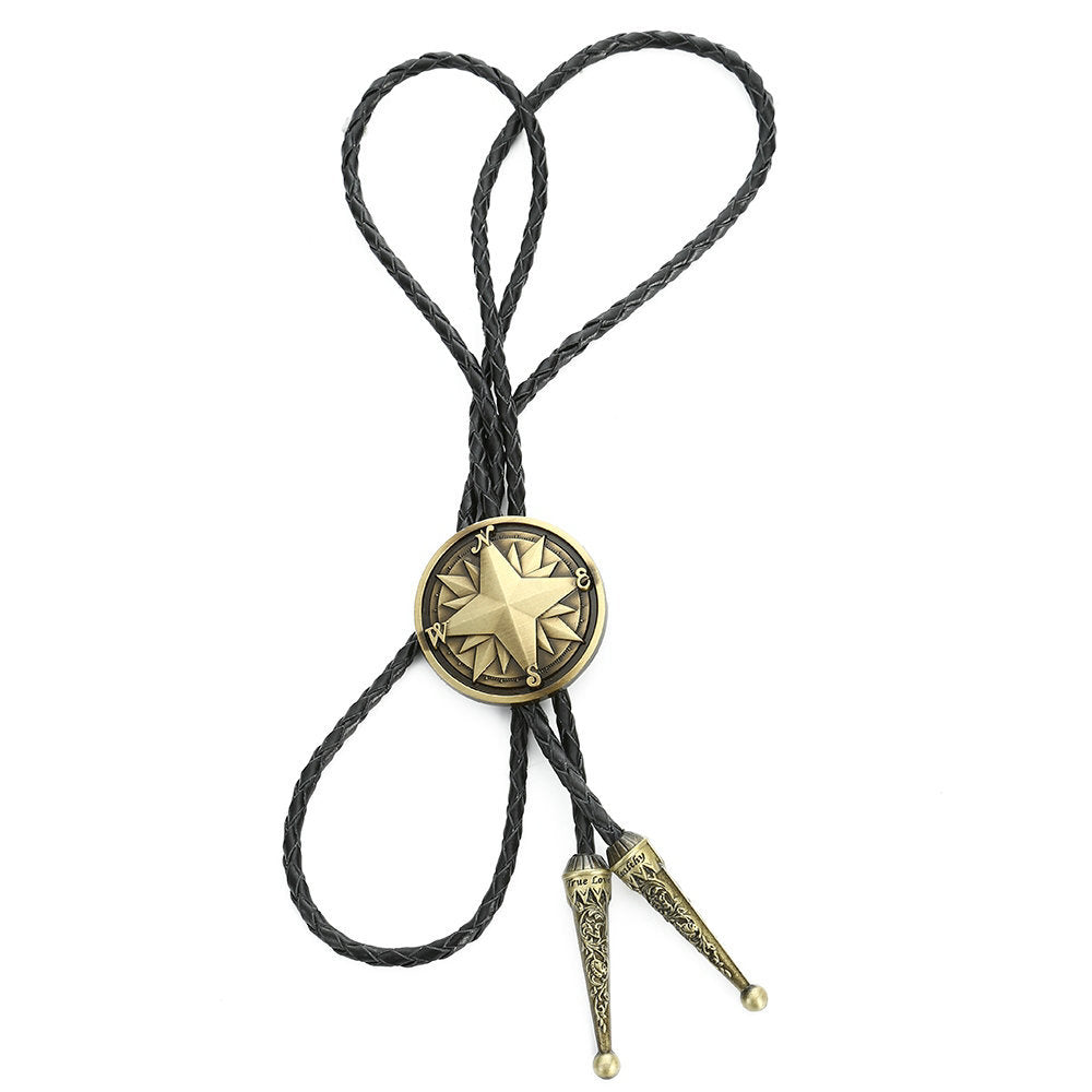 Vintage Brass Compass Star Bolo Tie Western Braided Leather Necklace