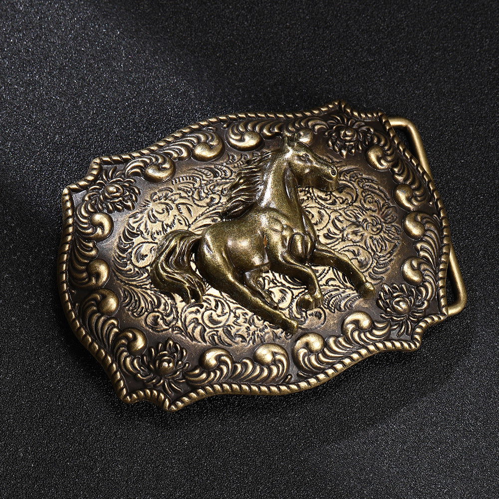 Antique Brass Western Belt Buckle Running Horse and Praying Cowboy Cross