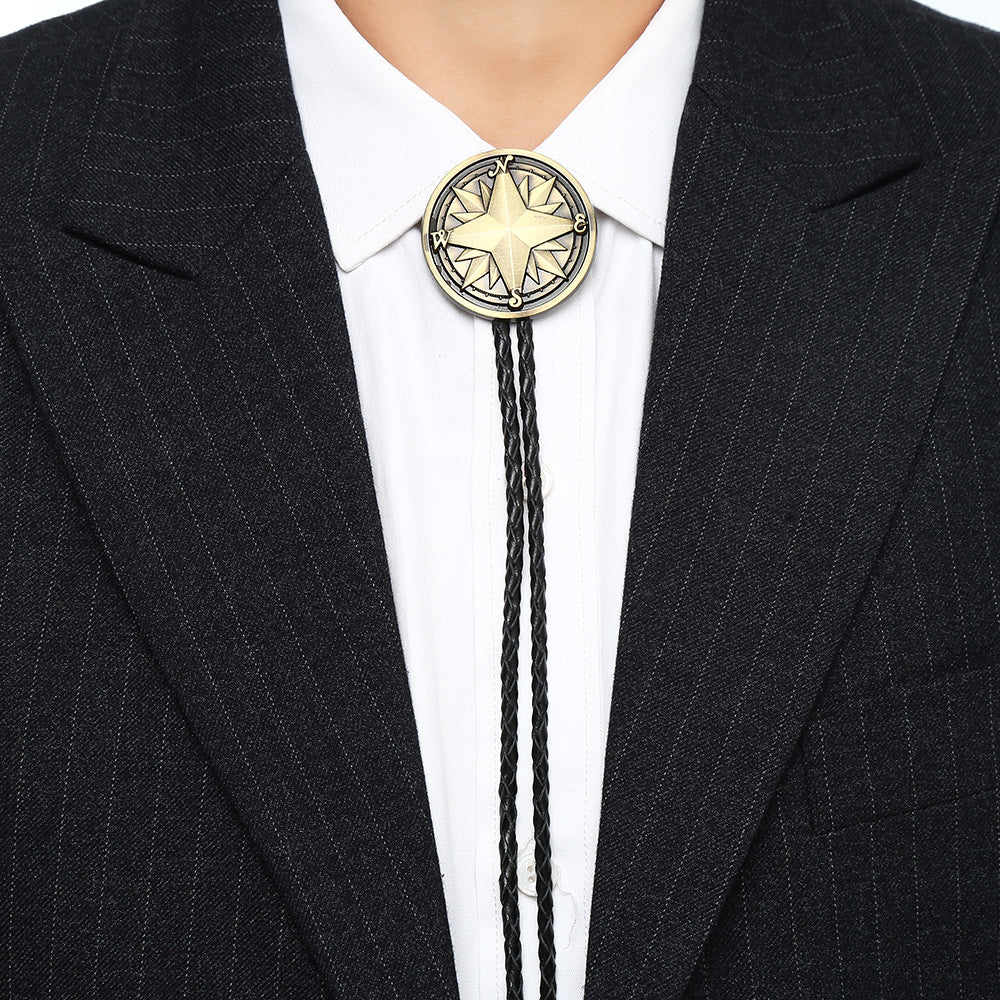 Vintage Brass Compass Star Bolo Tie Western Braided Leather Necklace