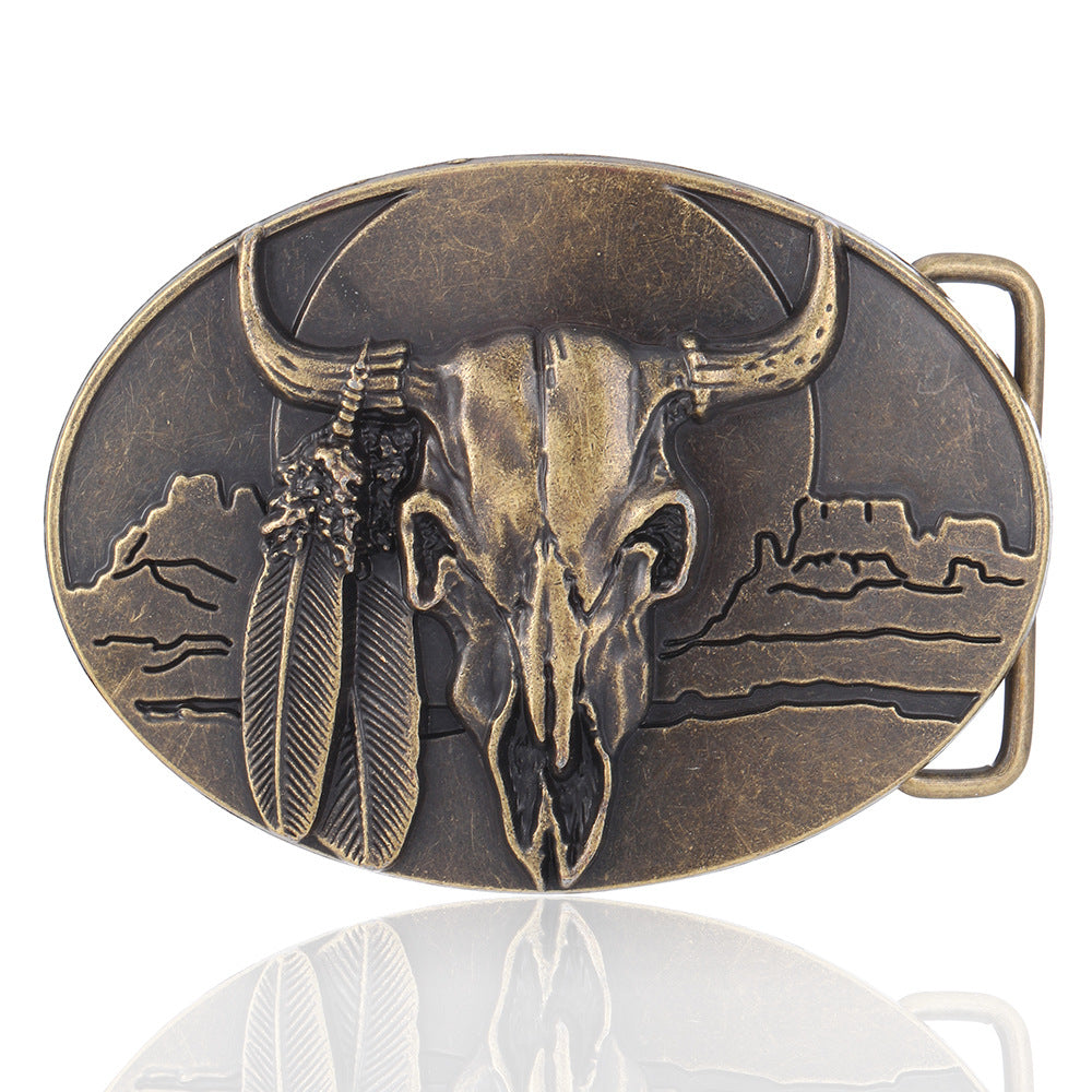 Antique Brass Buffalo Skull Belt Buckle Native American Feather