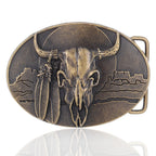 Antique Brass Buffalo Skull Belt Buckle Native American Feather