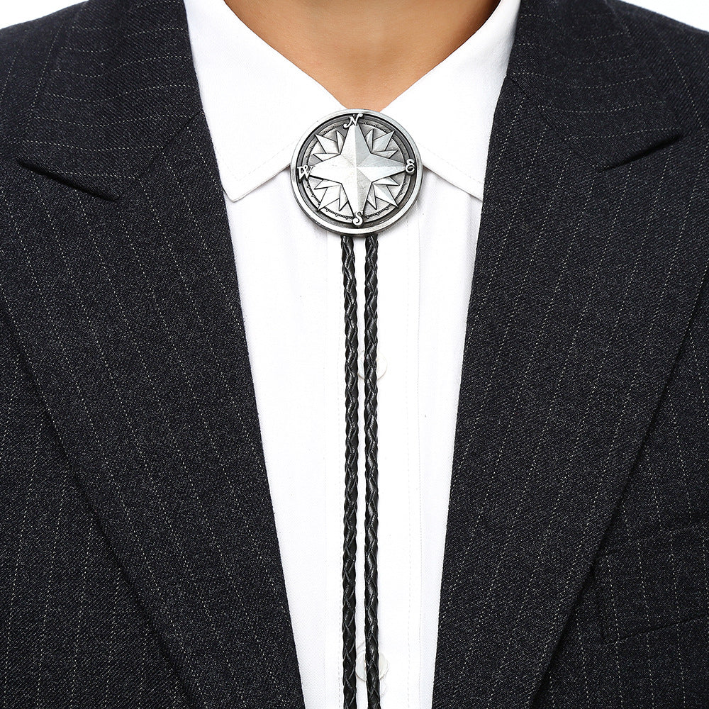 Vintage Brass Compass Star Bolo Tie Western Braided Leather Necklace