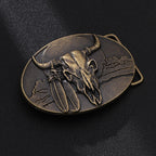 Antique Brass Buffalo Skull Belt Buckle Native American Feather