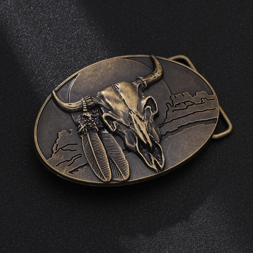 Antique Brass Buffalo Skull Belt Buckle Native American Feather