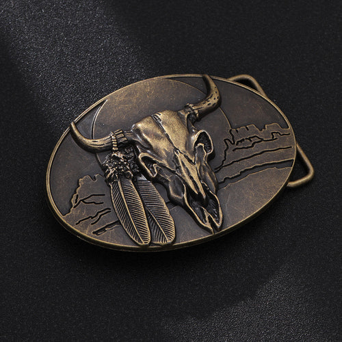 Antique Brass Buffalo Skull Belt Buckle Native American Feather