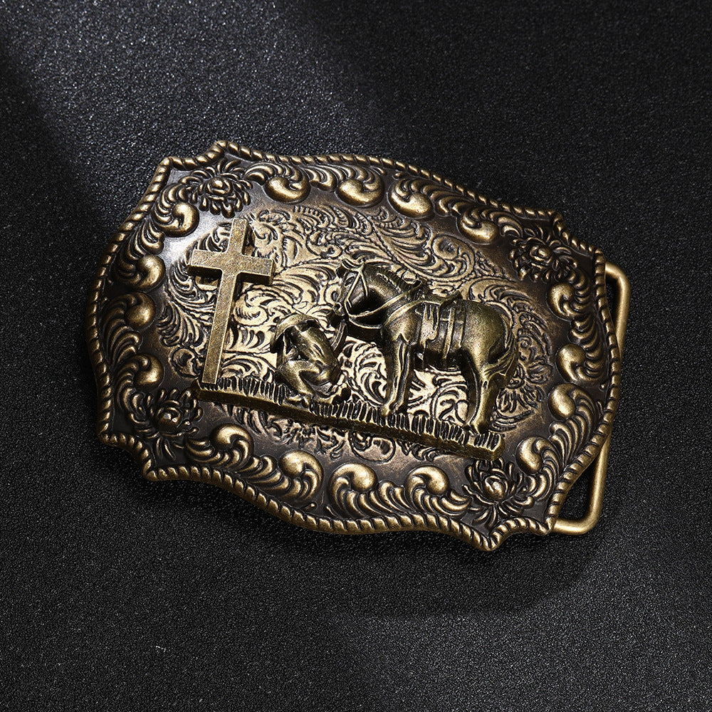 Antique Brass Western Belt Buckle Running Horse and Praying Cowboy Cross