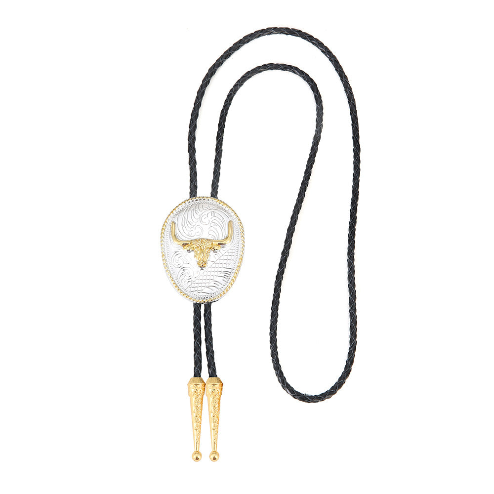 Silver and Gold Longhorn Bull Bolo Tie Western Cowboy Statement Necklace