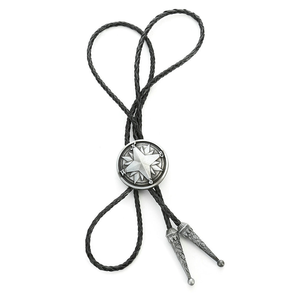 Vintage Brass Compass Star Bolo Tie Western Braided Leather Necklace