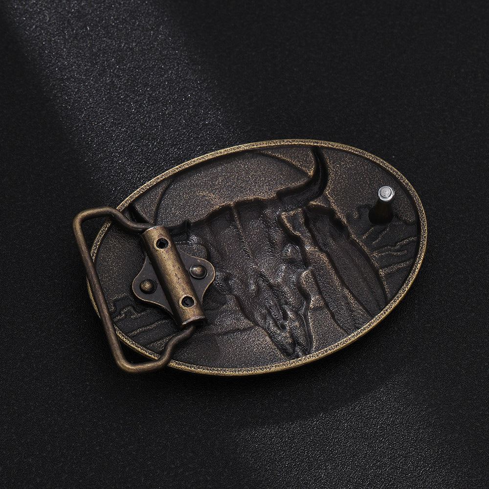 Antique Brass Buffalo Skull Belt Buckle Native American Feather