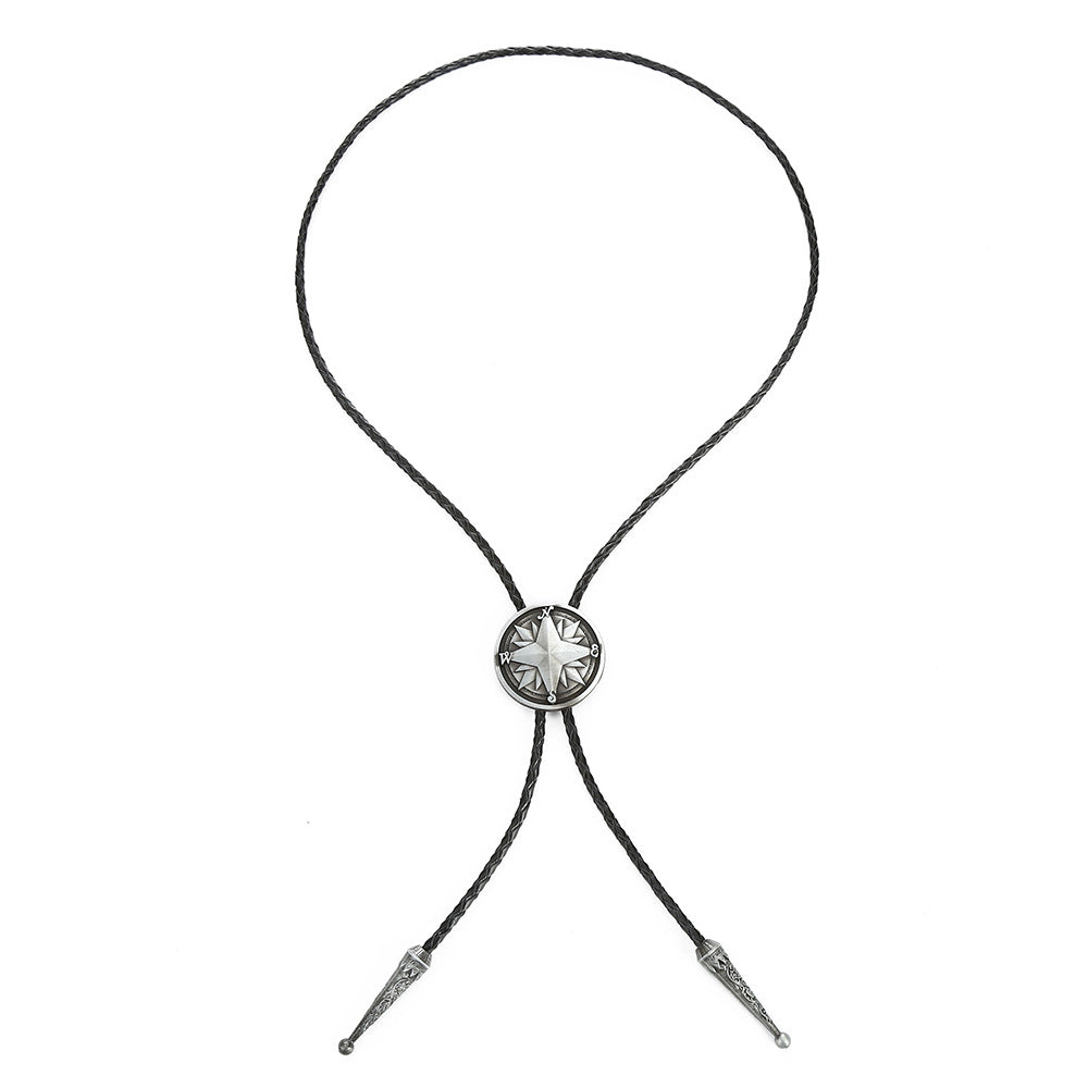 Vintage Brass Compass Star Bolo Tie Western Braided Leather Necklace