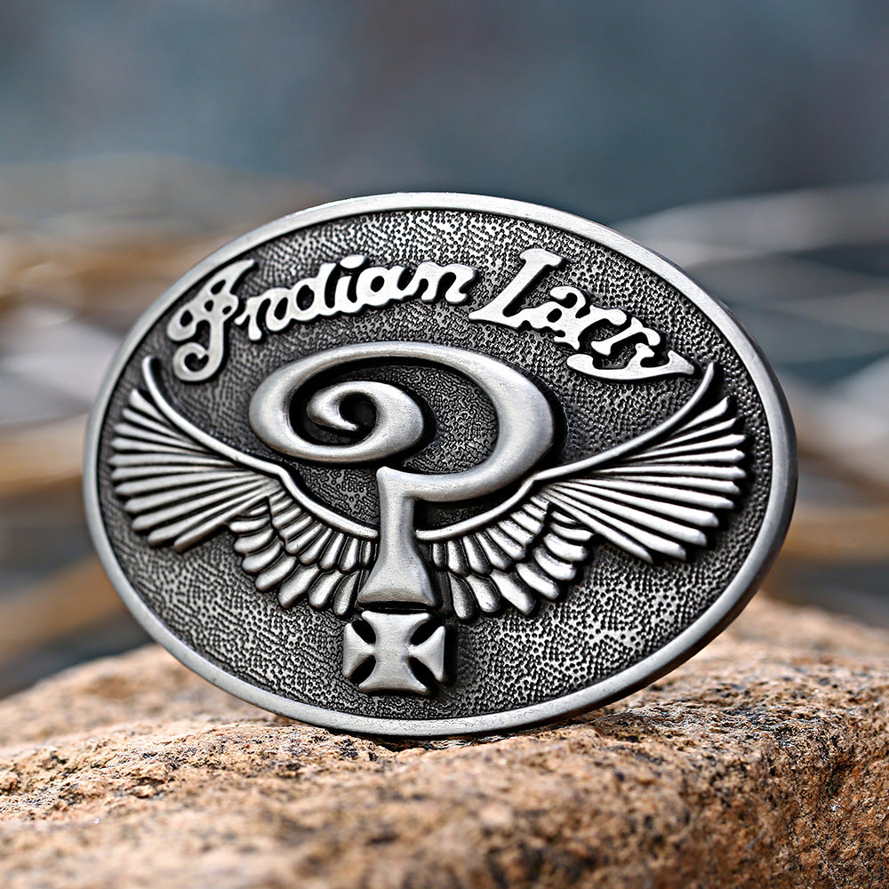 Indian Larry Oval Belt Buckle Winged Cross Biker