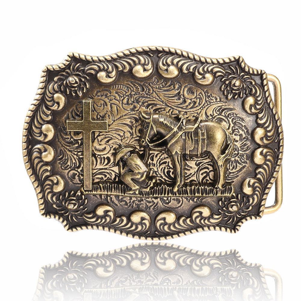 Antique Brass Western Belt Buckle Running Horse and Praying Cowboy Cross