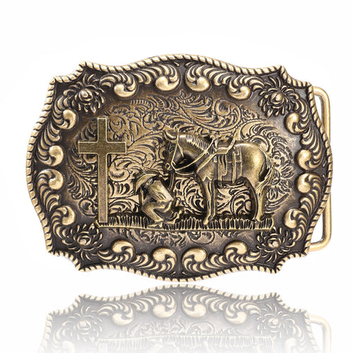 Antique Brass Western Belt Buckle Running Horse and Praying Cowboy Cross