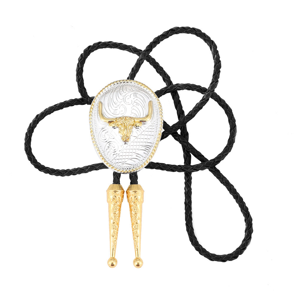 Silver and Gold Longhorn Bull Bolo Tie Western Cowboy Statement Necklace