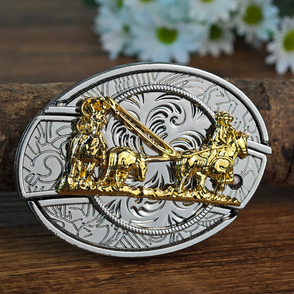 White & Gold Cowboy Rodeo Belt Buckle