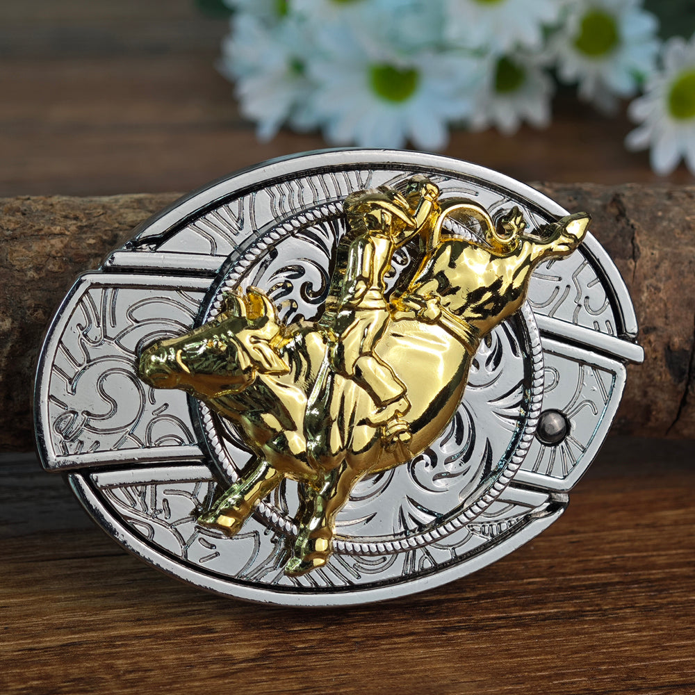 White & Gold Cowboy Rodeo Belt Buckle