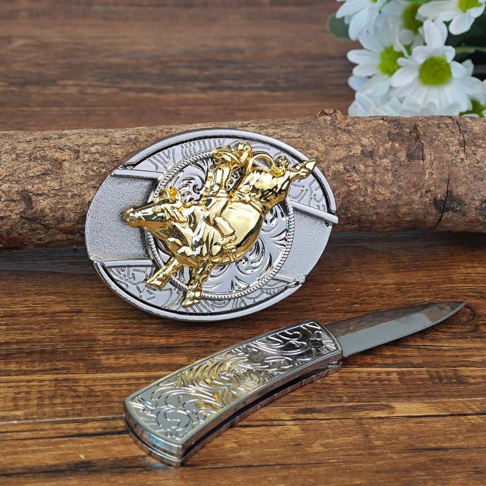 White & Gold Cowboy Rodeo Belt Buckle