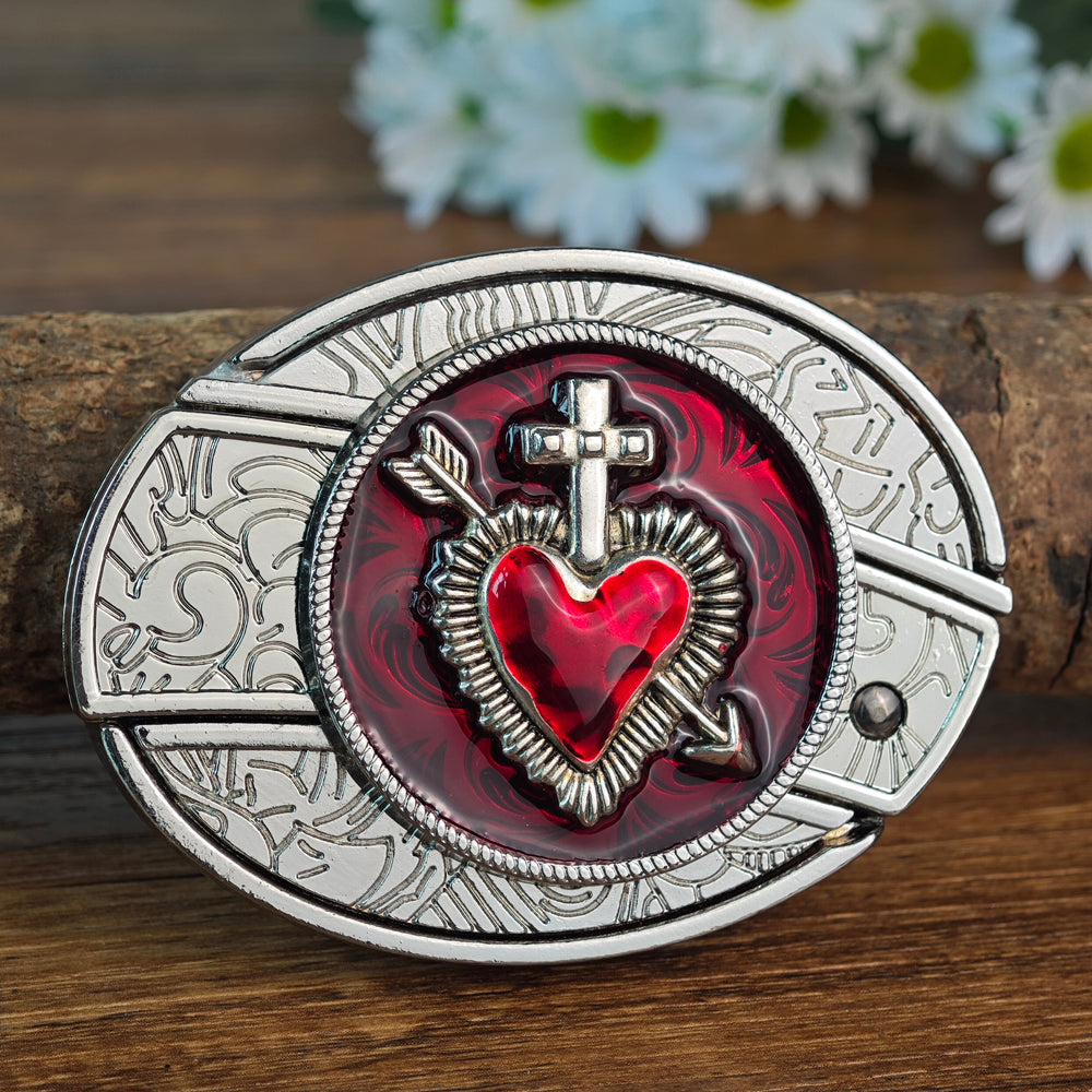 Western Belt Buckle Floral Sacred Heart White