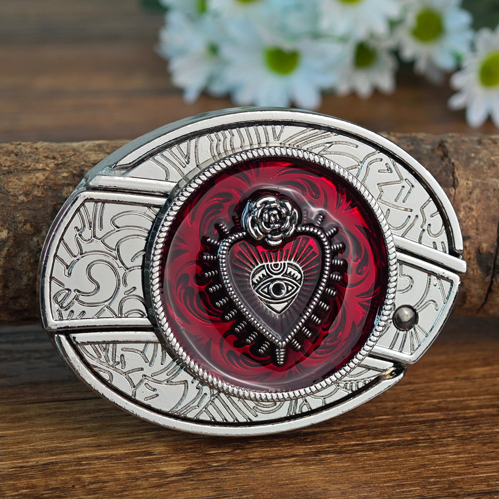 Western Belt Buckle Floral Sacred Heart White