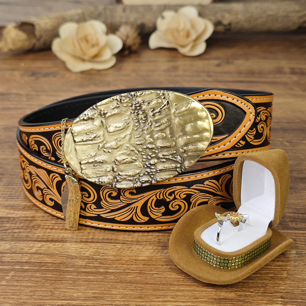 Western Leather Belt Peanut Necklace and Sunflower Ring Set