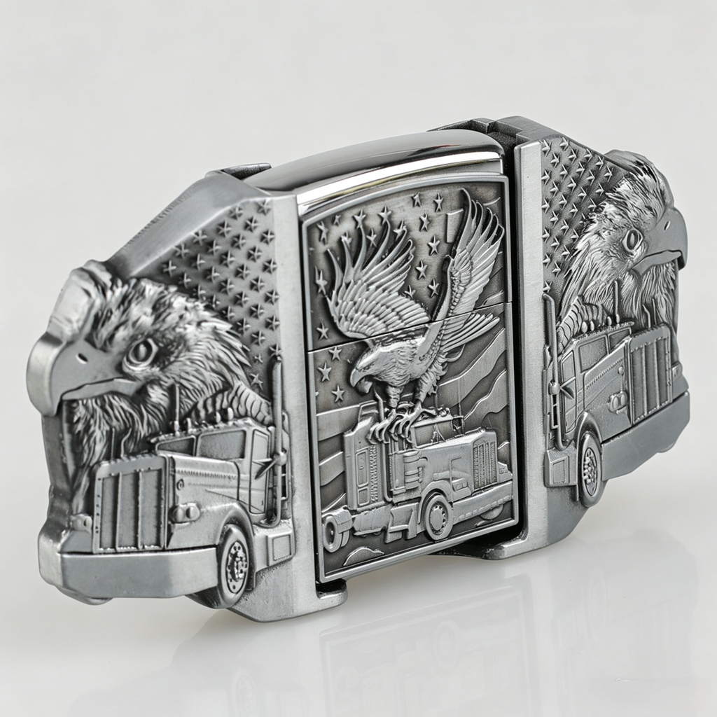 Eagle Trucker Belt Buckle with Lighter American Flag Bald