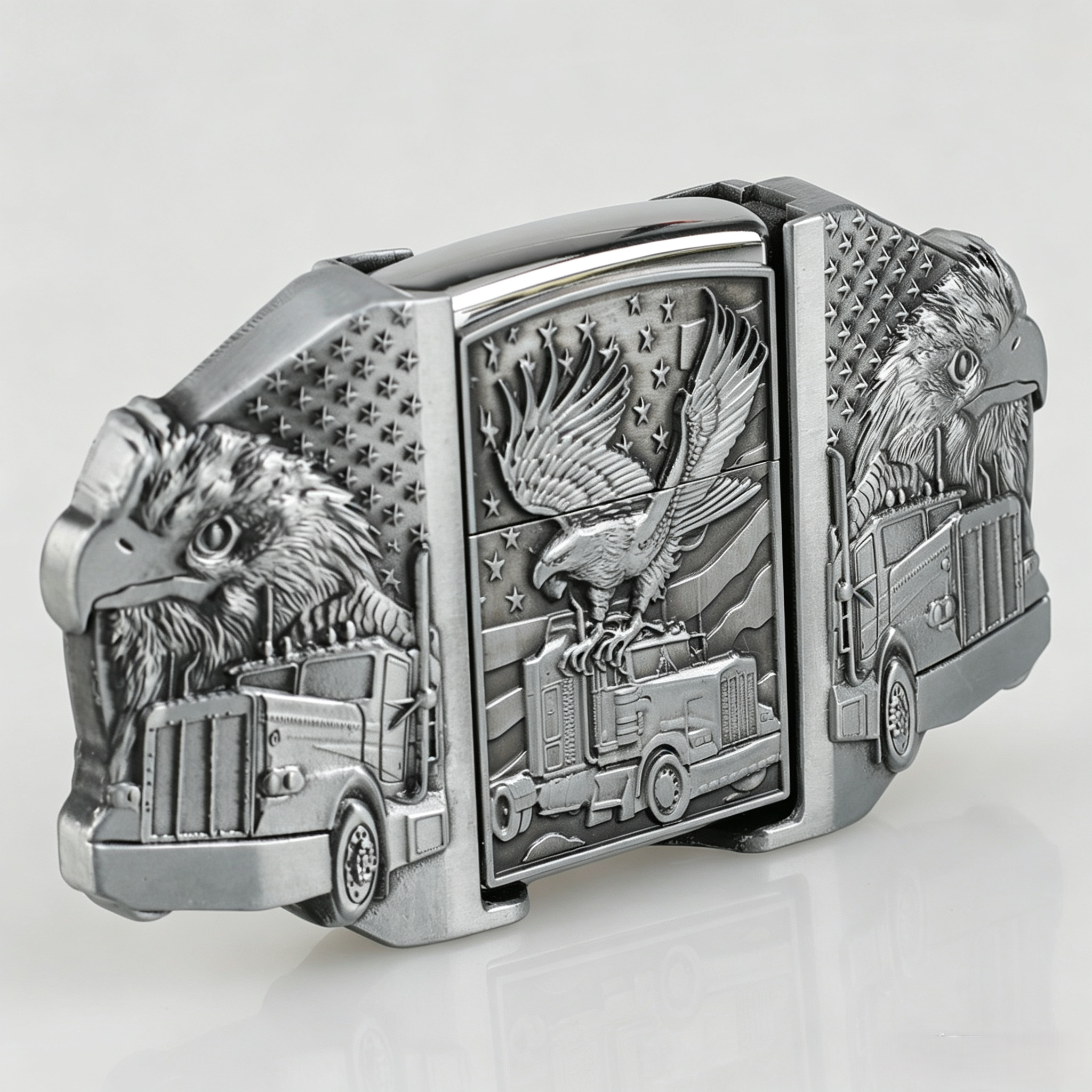 Eagle Trucker Belt Buckle with Lighter American Flag Bald