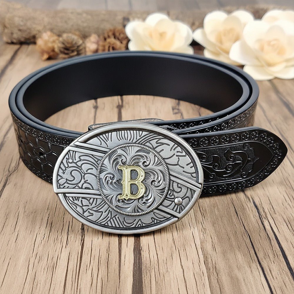 Embossed Country Utility Black Belt with Initial Buckle