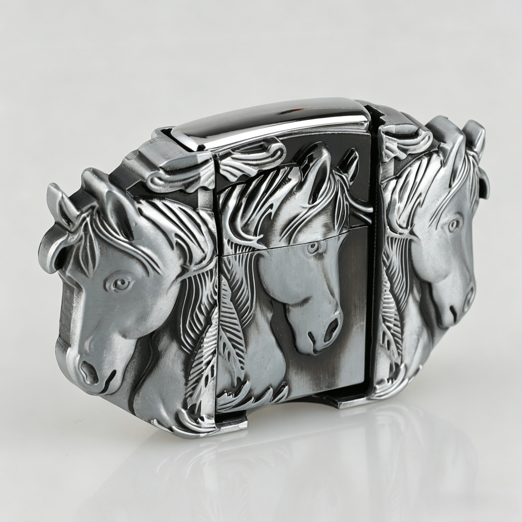 Triple Horse Belt Buckle with Lighter Western Wild Mustang