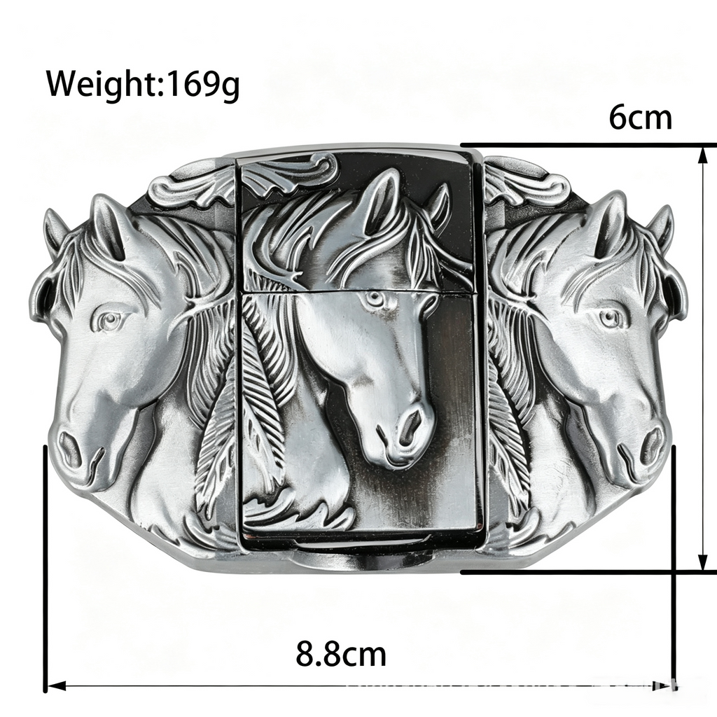 Triple Horse Belt Buckle with Lighter Western Wild Mustang