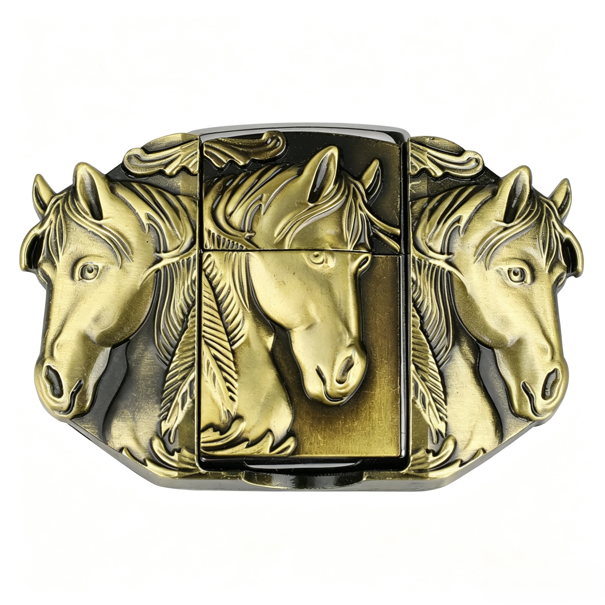 Triple Horse Belt Buckle with Lighter Western Wild Mustang