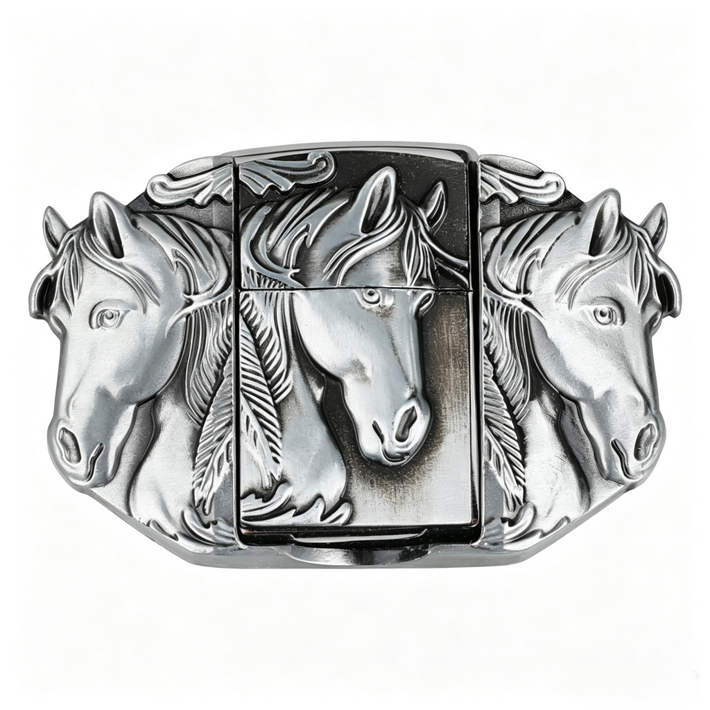 Triple Horse Belt Buckle with Lighter Western Wild Mustang