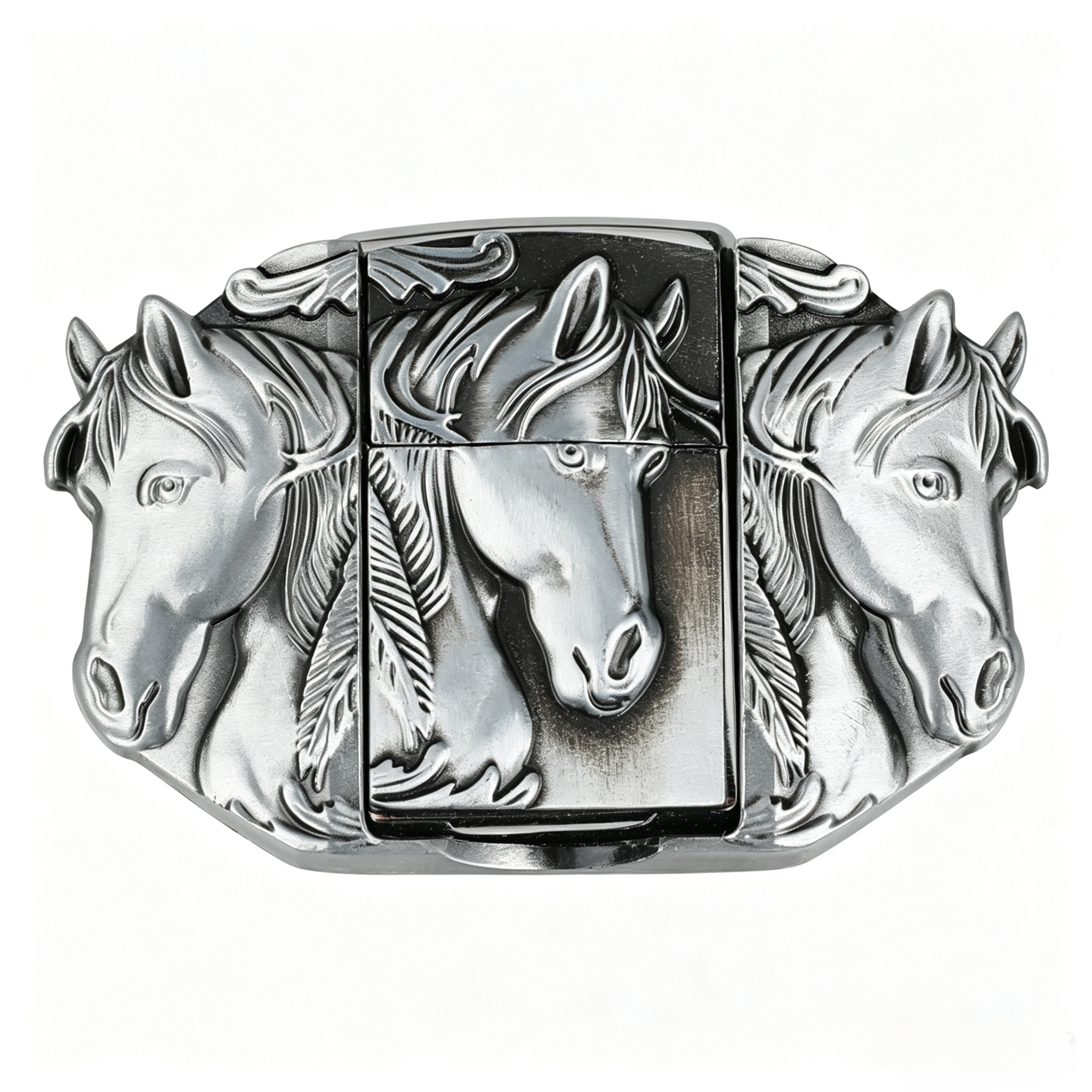 Triple Horse Belt Buckle with Lighter Western Wild Mustang