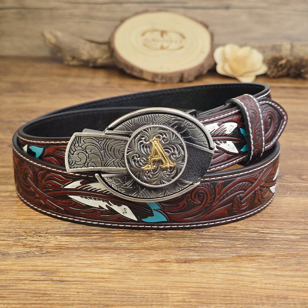 Western Brown Feather Belt with A–Z Initial Letter Buckle