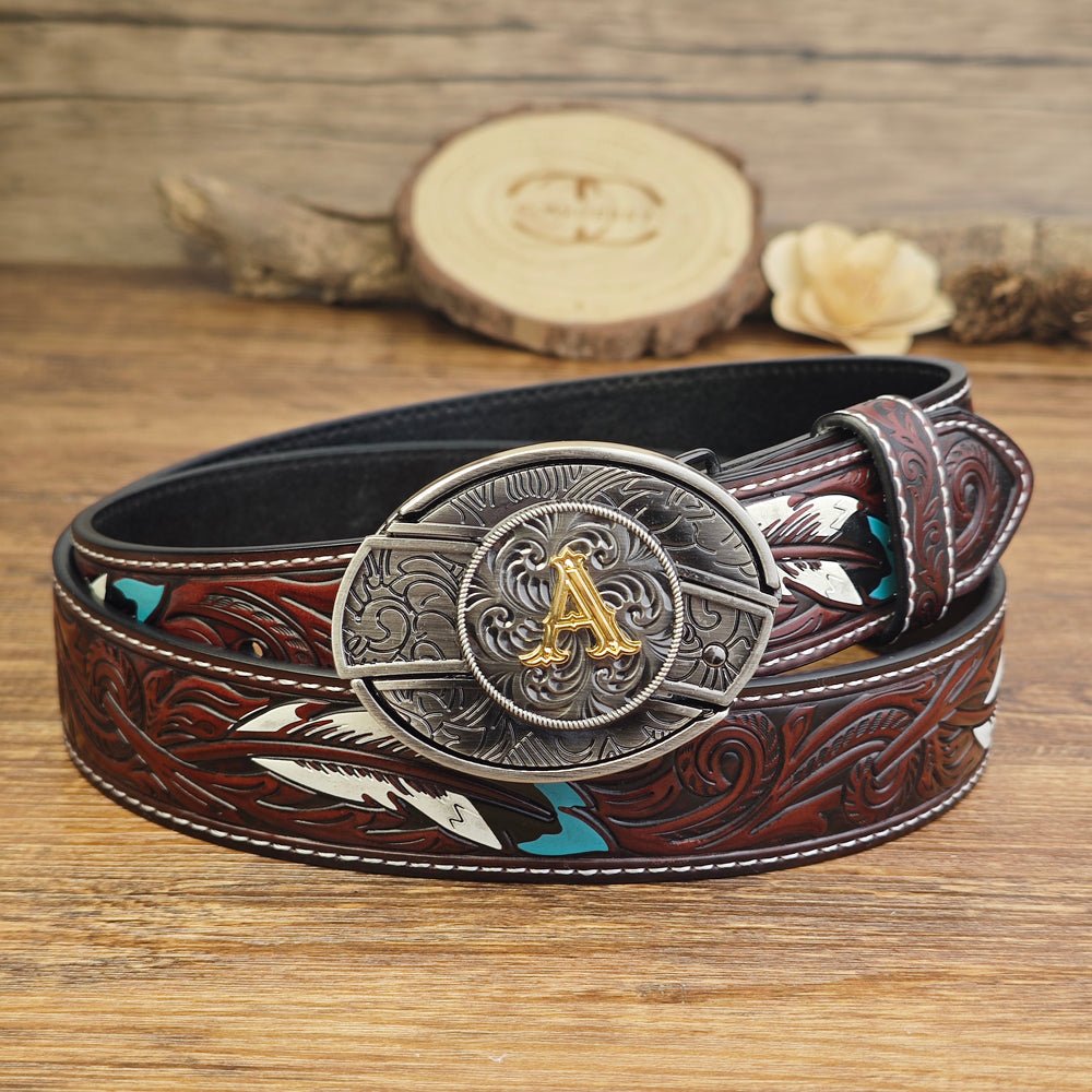 Western Brown Feather Belt with A–Z Initial Letter Buckle