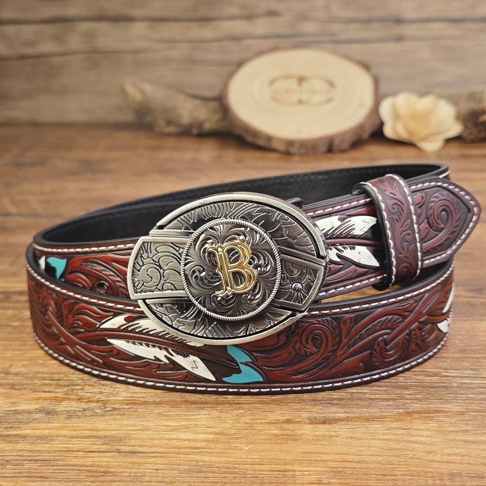 Western Brown Feather Belt with A–Z Initial Letter Buckle
