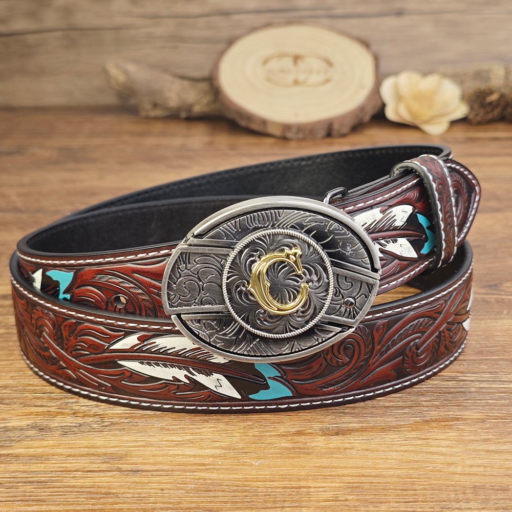 Western Brown Feather Belt with A–Z Initial Letter Buckle