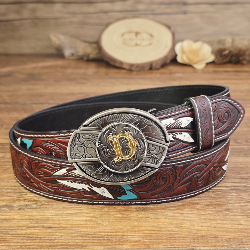 Western Brown Feather Belt with A–Z Initial Letter Buckle
