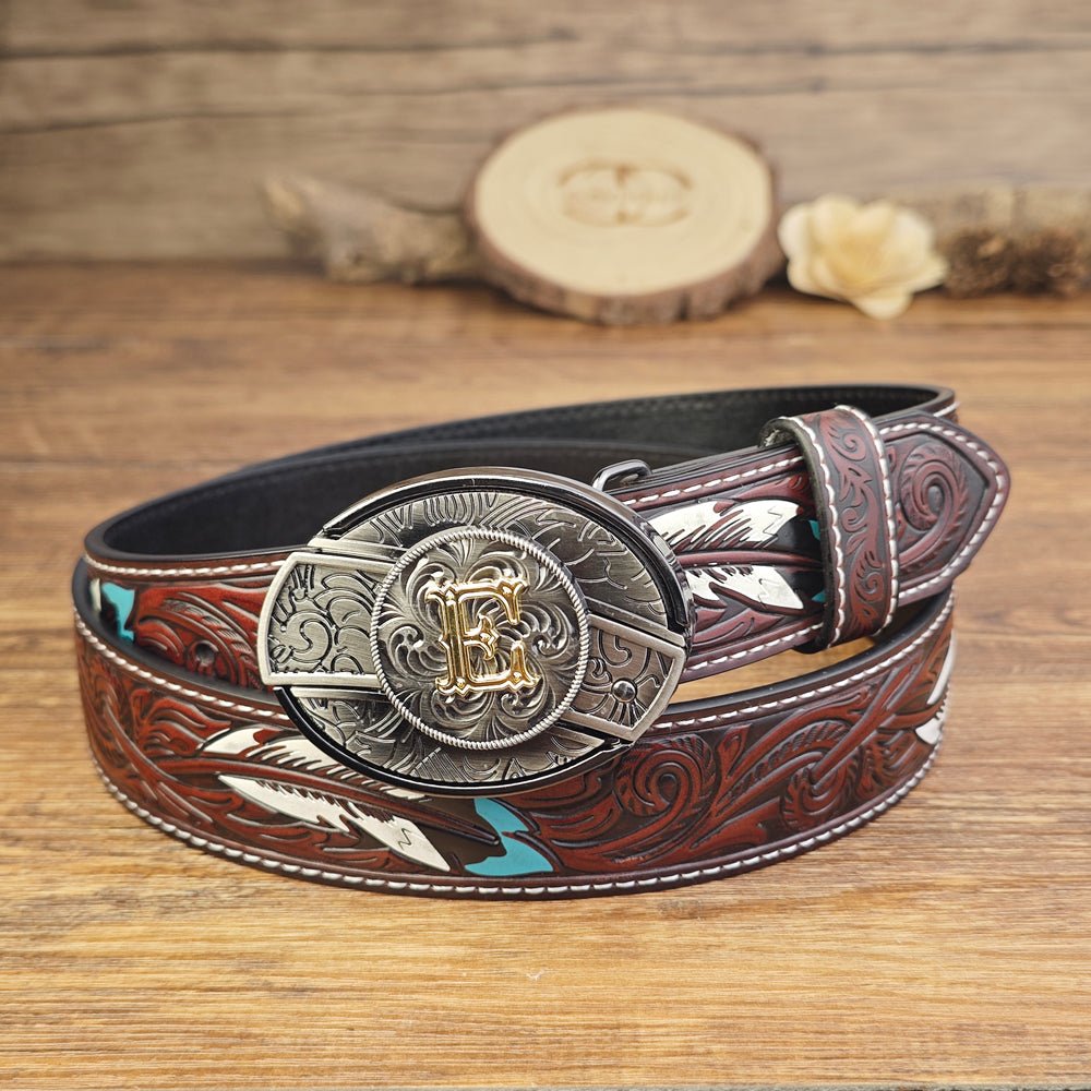Western Brown Feather Belt with A–Z Initial Letter Buckle