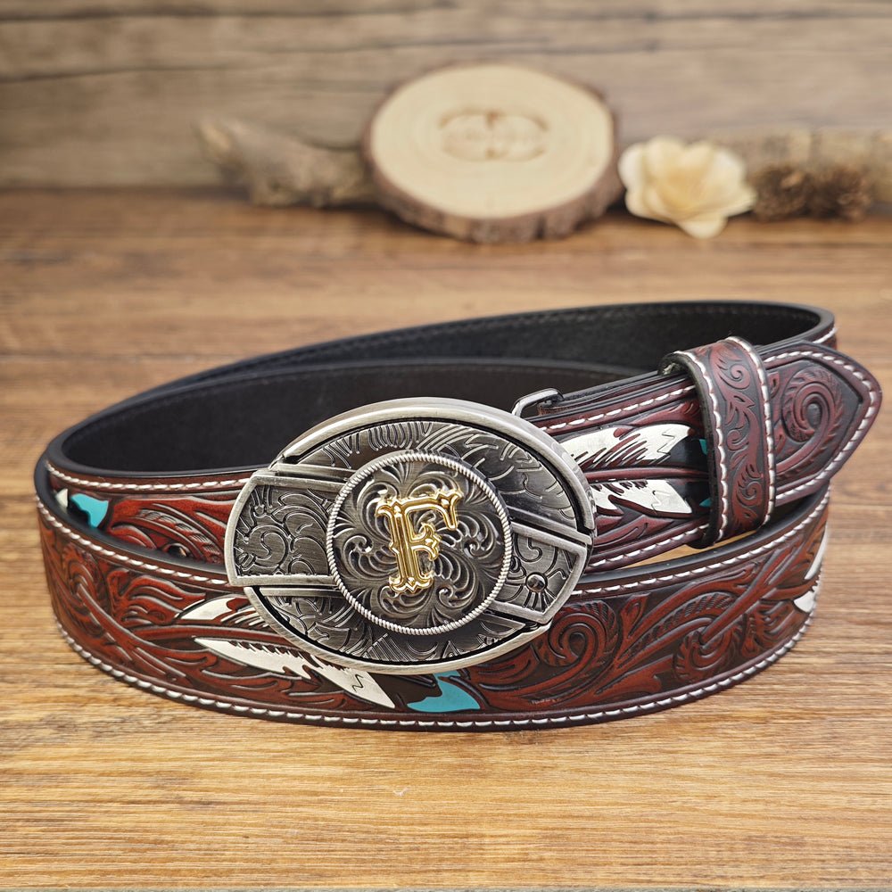 Western Brown Feather Belt with A–Z Initial Letter Buckle