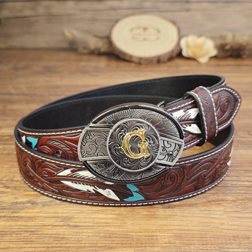Western Brown Feather Belt with A–Z Initial Letter Buckle
