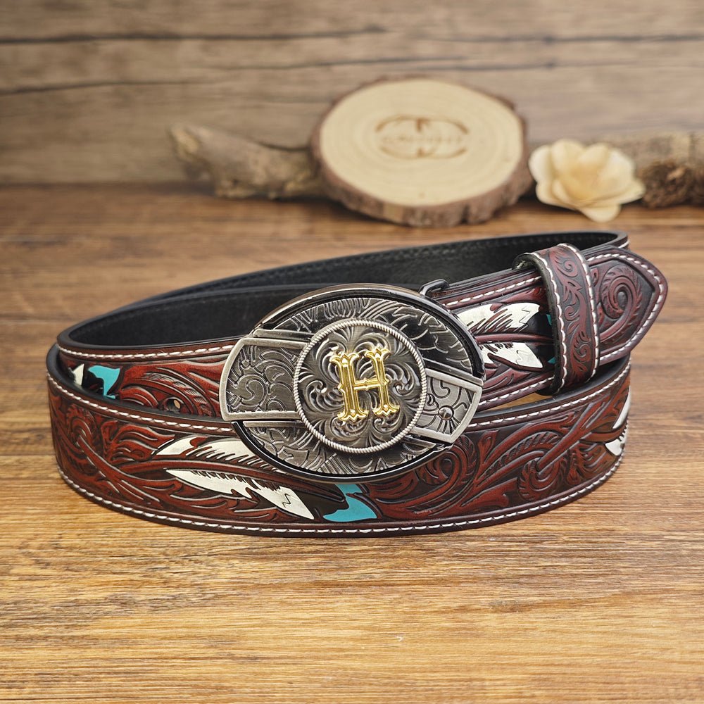 Western Brown Feather Belt with A–Z Initial Letter Buckle