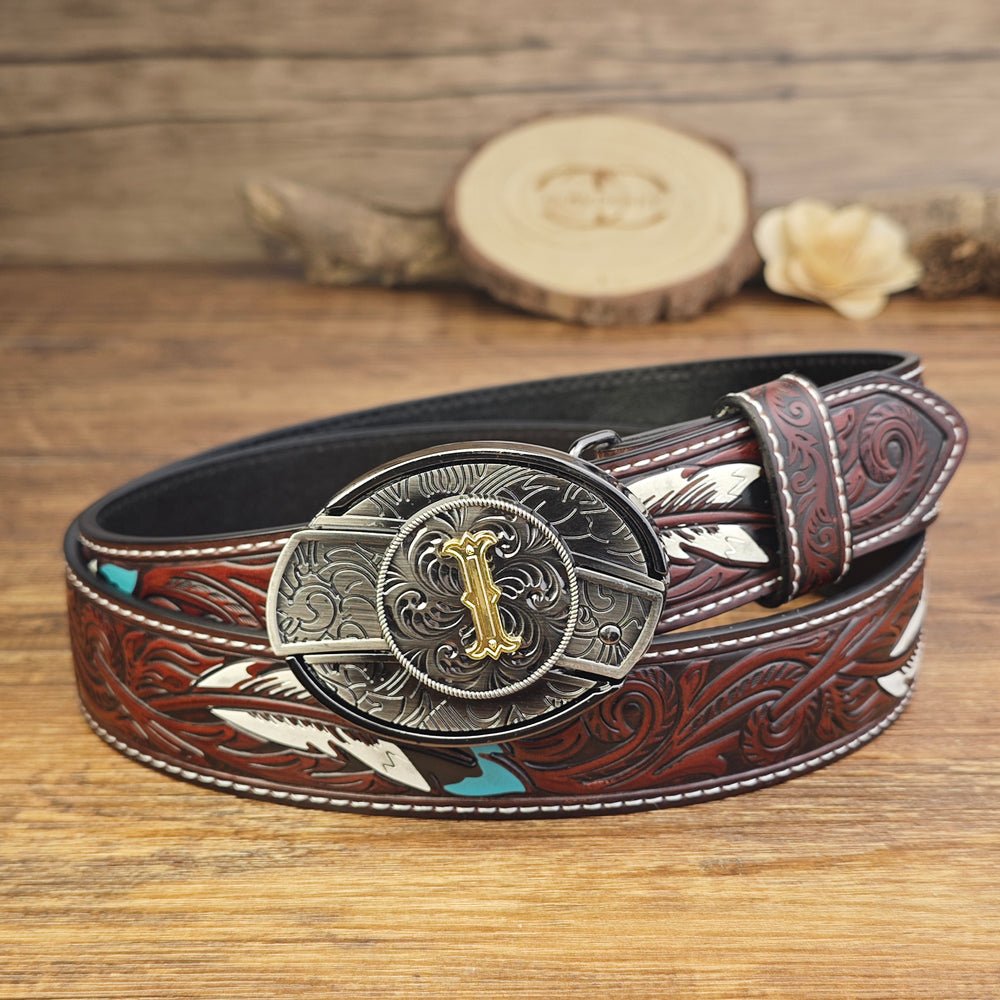 Western Brown Feather Belt with A–Z Initial Letter Buckle