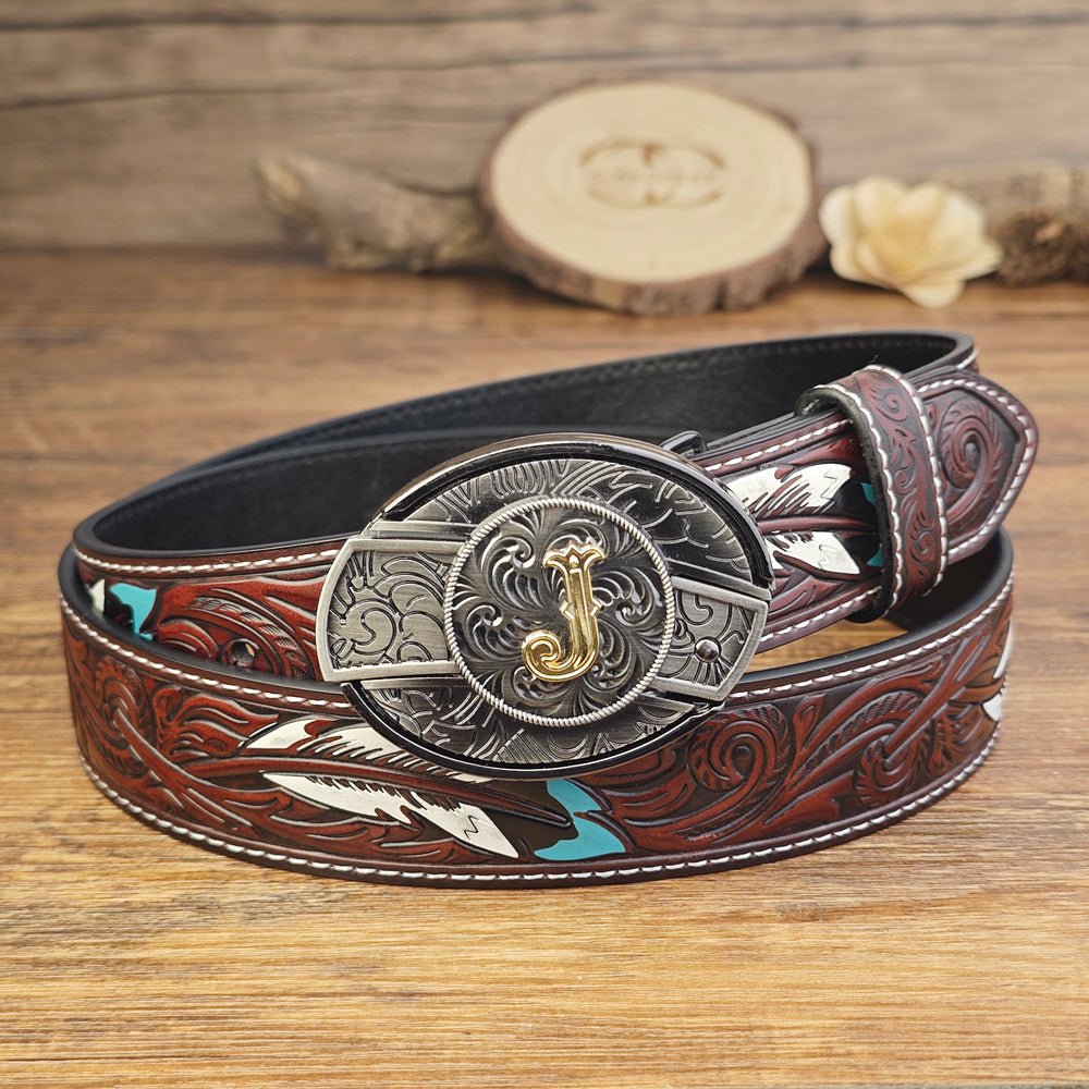 Western Brown Feather Belt with A–Z Initial Letter Buckle