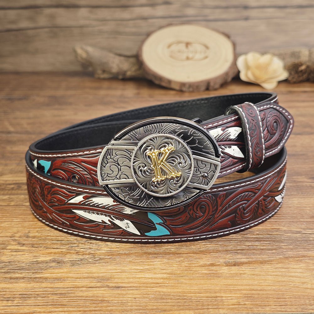 Western Brown Feather Belt with A–Z Initial Letter Buckle